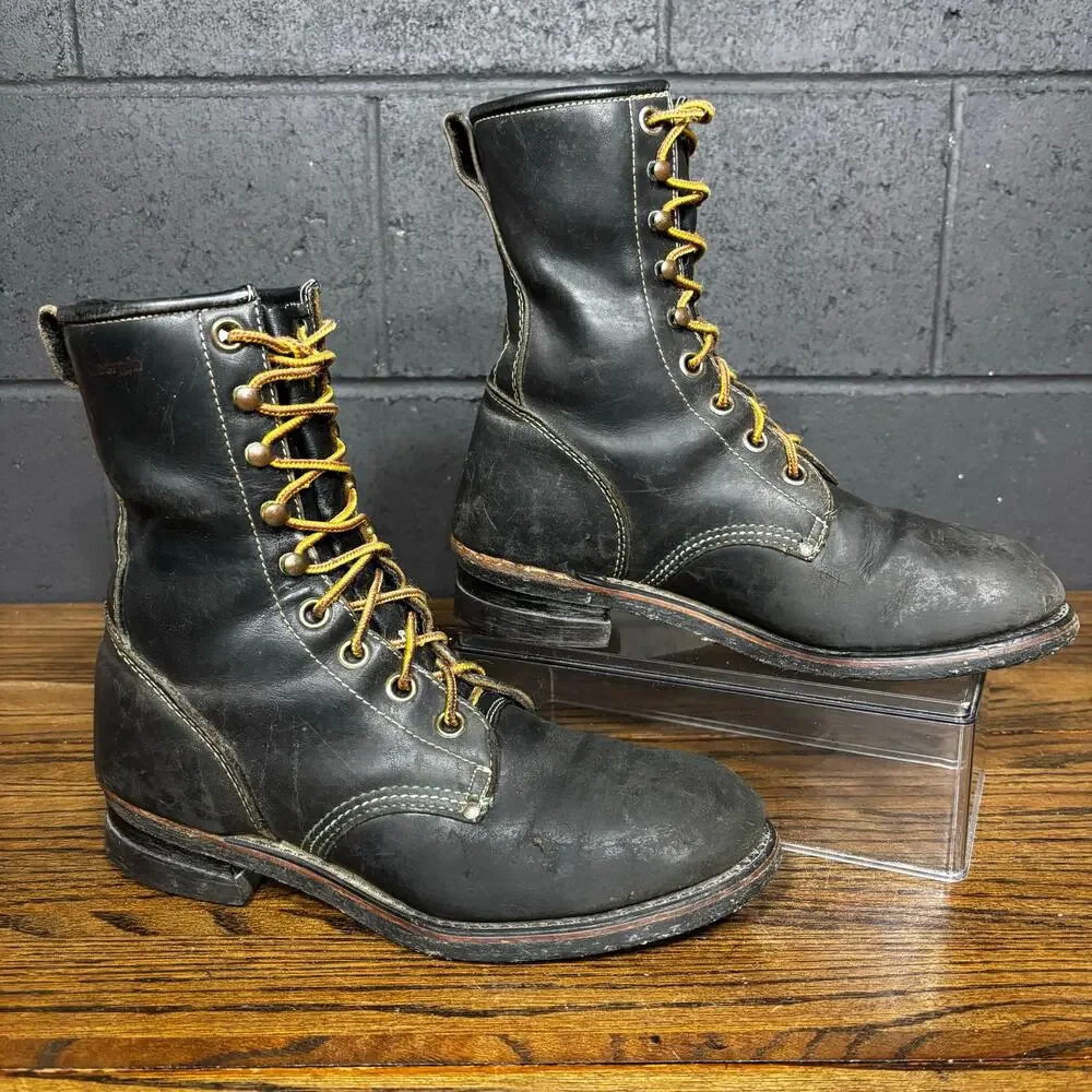 Vtg Georgia Boot Black Leather Lace Up Logger Work Boots Goodyear Welt Men’s 7.5